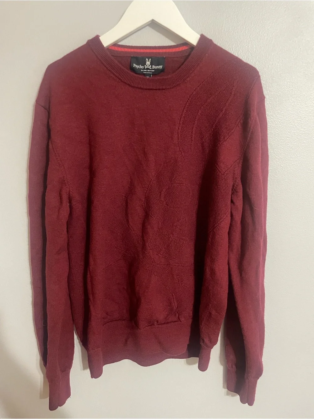 RARE Psycho Bunny Men's Logo Burgundy Merino Wool Crewneck Sweater